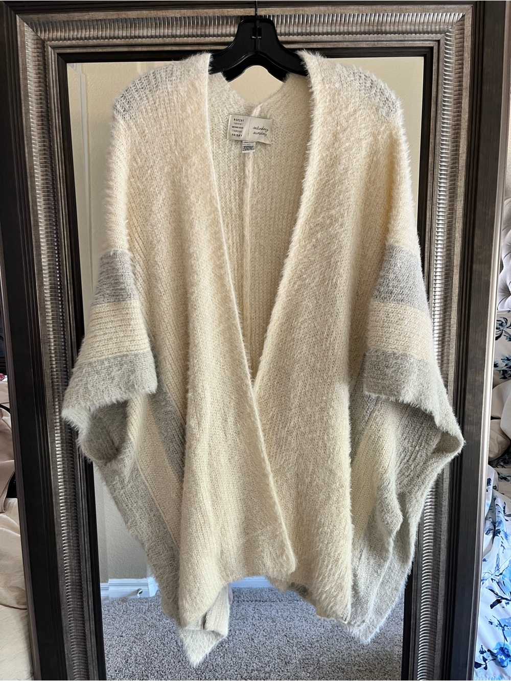 Anthropologie Cream and Light Gray Open-Front Poncho
